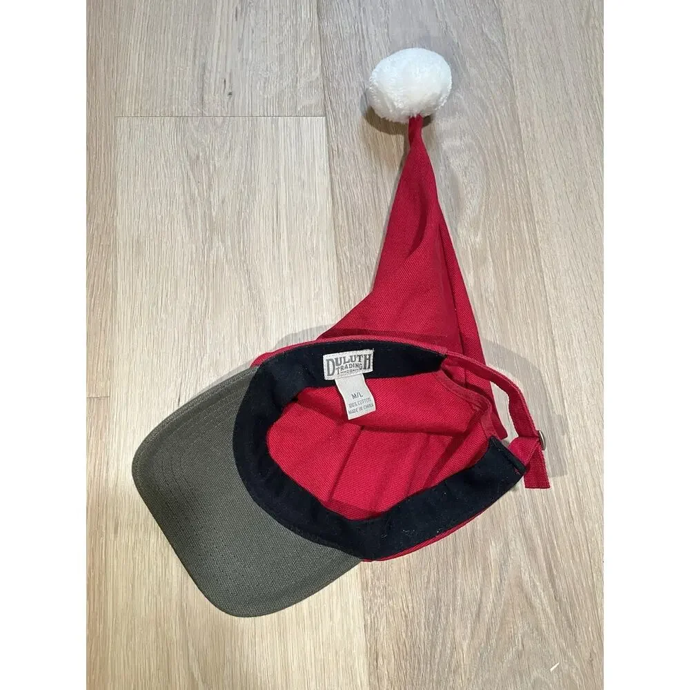 Duluth Trading Co. Elf Santa Hat Christmas Cap Red White Pom Pom Cotton M/L